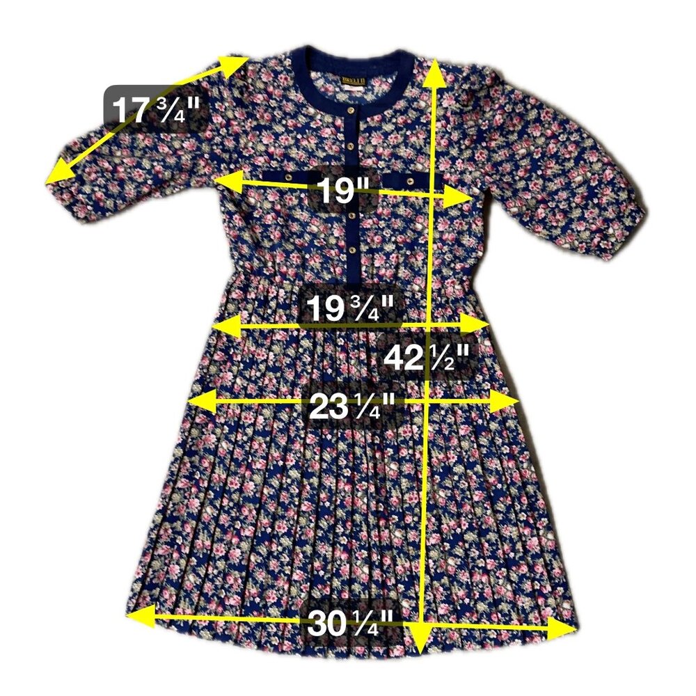 Vintage Floral Pleated Dress Navy Blue Pink Rose 80s Union Made USA Button Front - Picture 9 of 9